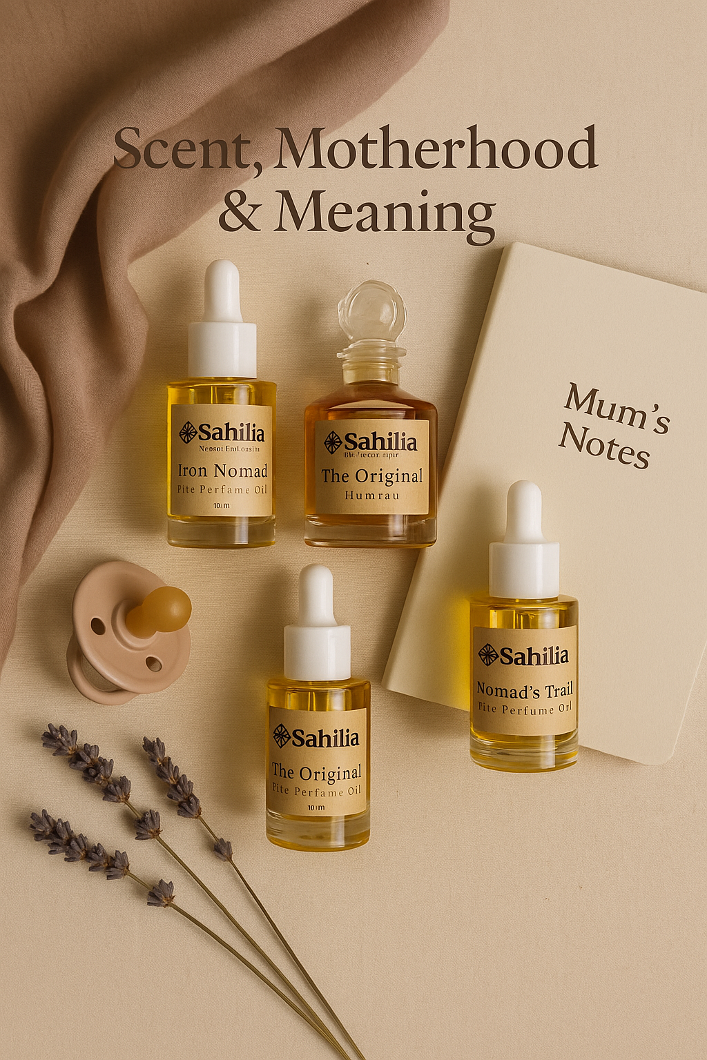 Flat lay of Sahilia perfume oils, a notebook titled 'Mum's Notes', a pacifier, dried lavender, and a soft fabric, styled to reflect themes of motherhood and scent.