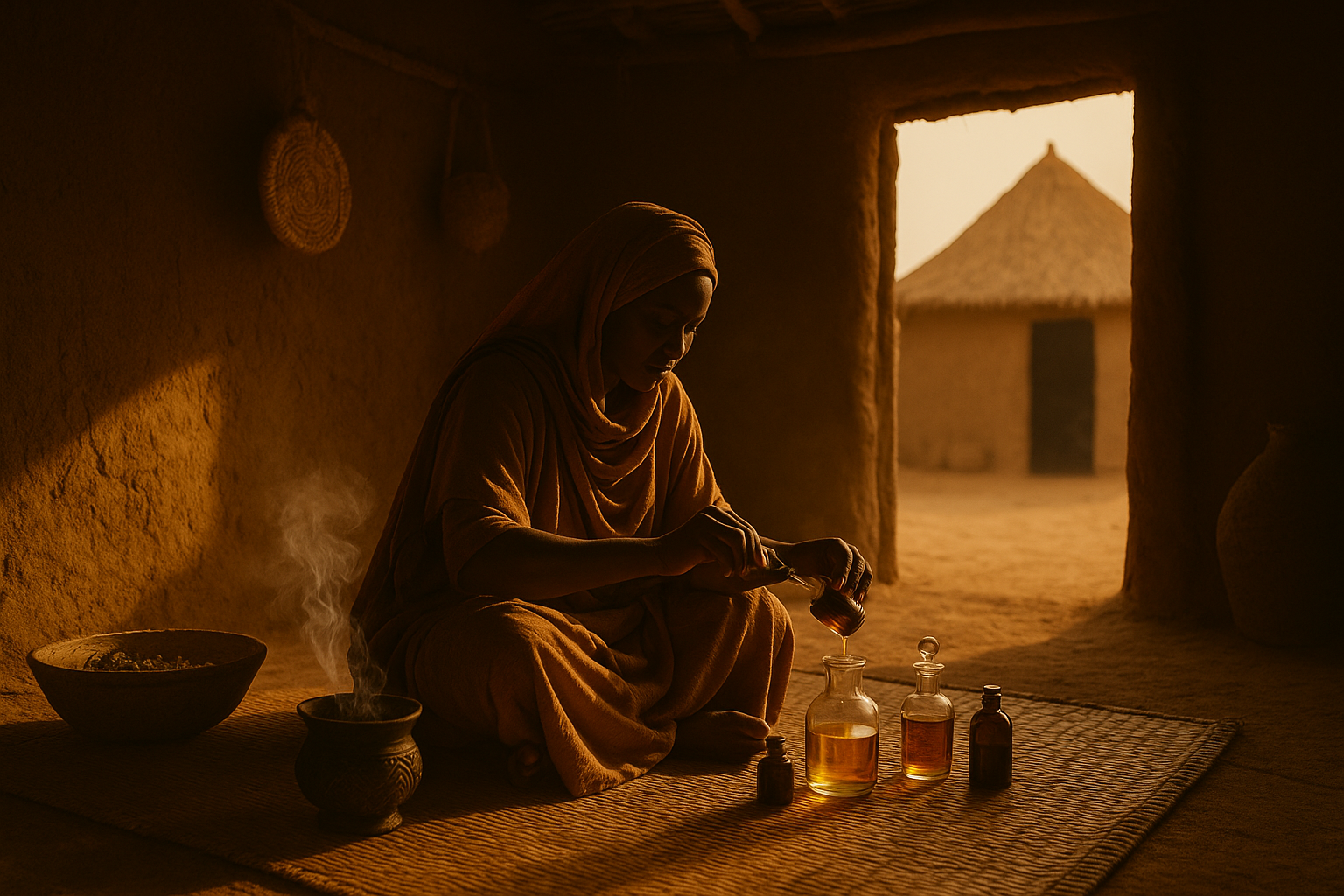 A lady with a tobe, sat on the floor in a traditional African mud house mixing perfumes.