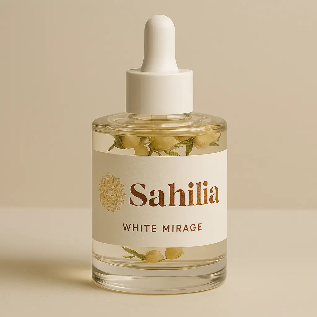 Bottle of Sahilia White Mirage on a beige background